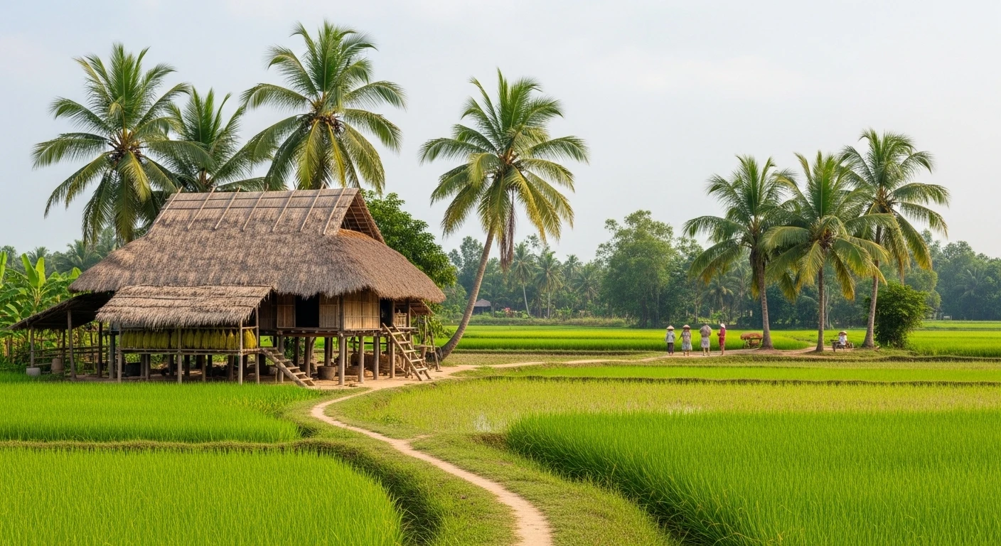 A picturesque rural scene in Tra Vinh, with lush greenery and a traditional house