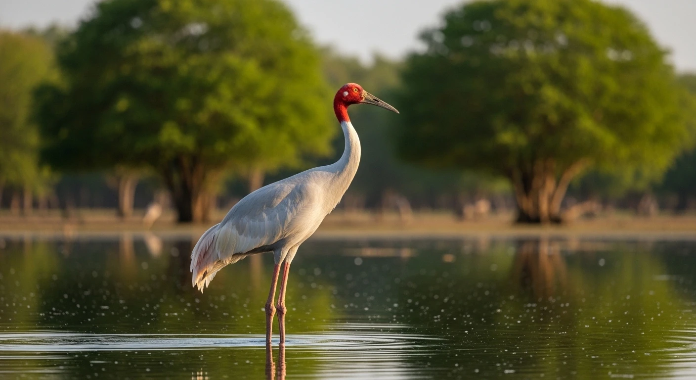 A majestic Sarus crane standing tall in the shallow waters of Tram Chim National Park