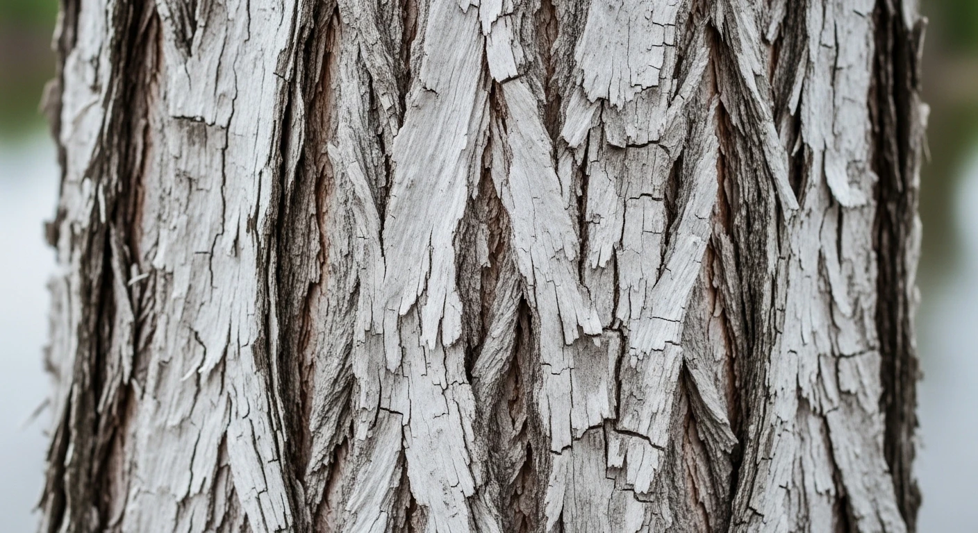 A close-up of the distinctive bark of a cajeput tree in Tram Chim National Park