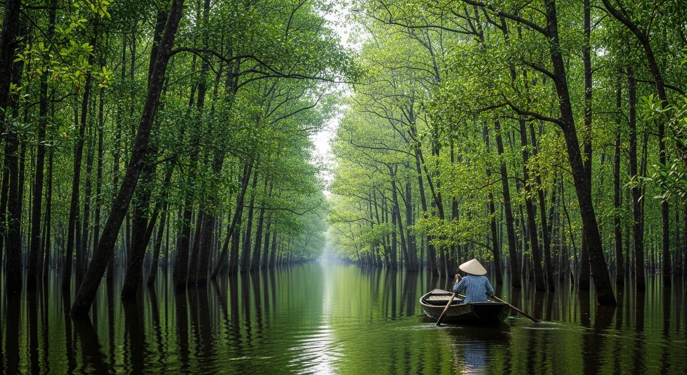 A serene view of flooded cajeput forests in Tram Chim National Park with a traditional rowboat