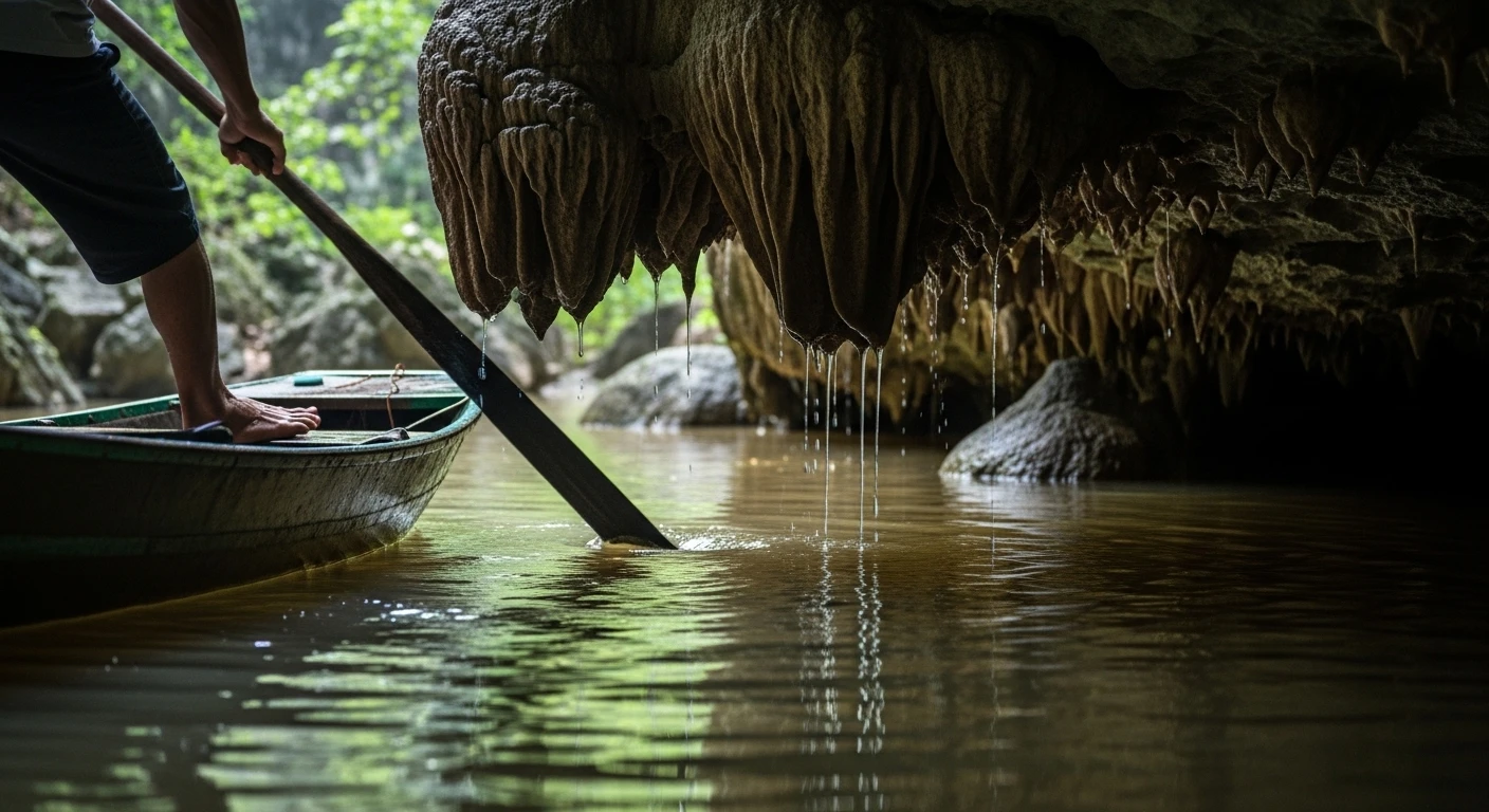 A close-up of a local rower using their feet to navigate a boat through Trang An
