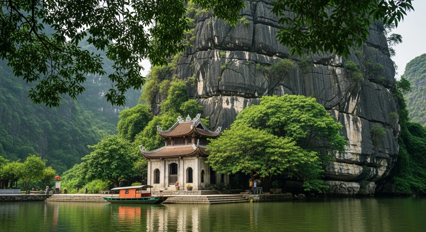 An ancient temple nestled at the base of a limestone karst in Trang An