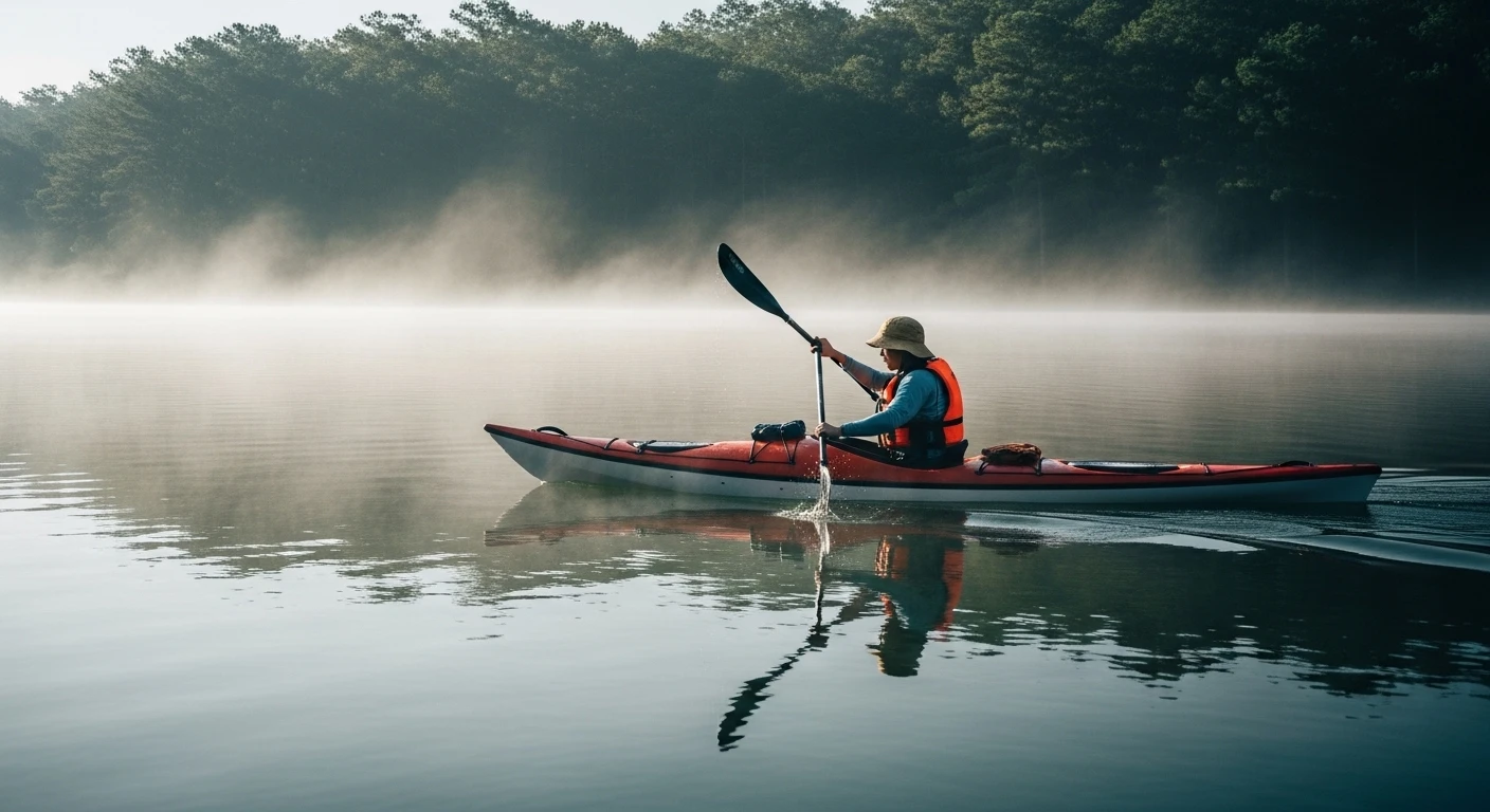 A person kayaking on Tuyen Lam Lake, surrounded by mist and pine trees.