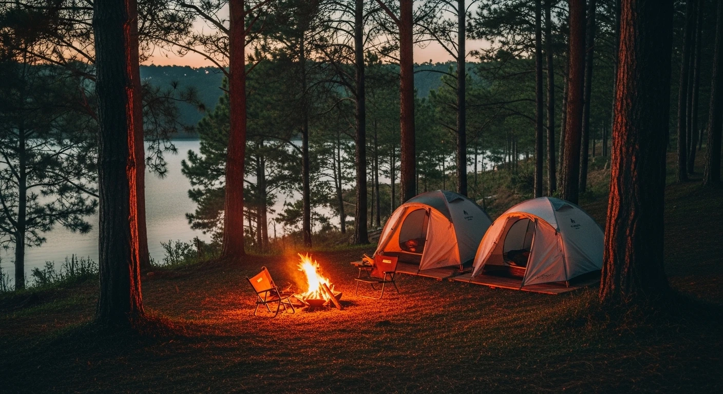 A cozy campsite setup by the Tuyen Lam Lake, with a campfire burning and tents pitched under pine trees.