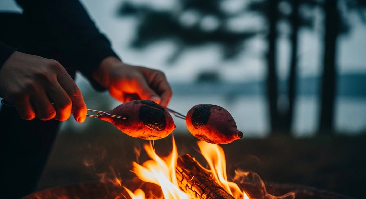A person roasting sweet potatoes over a campfire by Tuyen Lam Lake, with a blurred pine forest in the background.