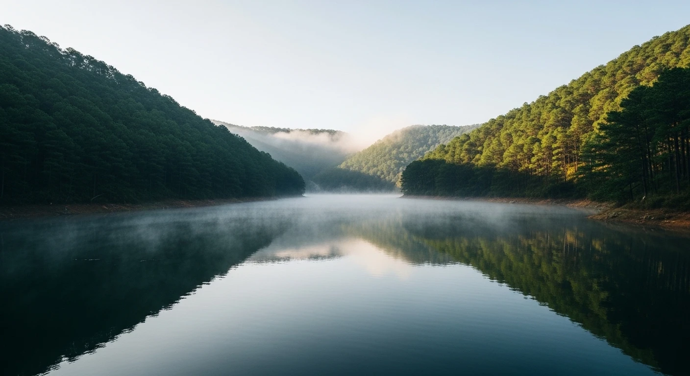 A panoramic view of Tuyen Lam Lake in Da Lat with mist rising from the water and pine-covered hills in the background