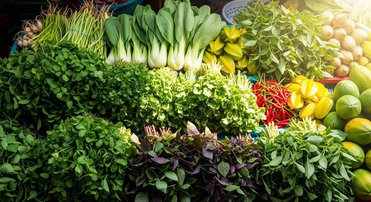 A vibrant display of fresh Vietnamese herbs and vegetables at a market stall