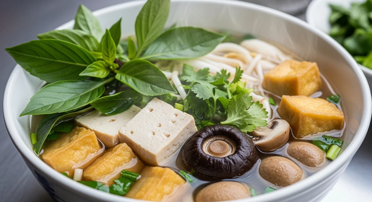 A close-up of a steaming bowl of Vietnamese Pho Chay with tofu, mushrooms, and herbs