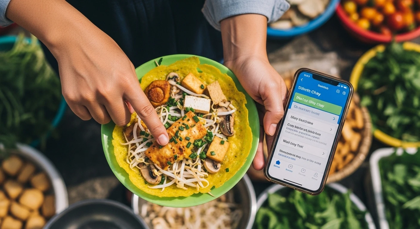 A person carefully examining a plate of Vietnamese food, pointing to ingredients and using a translation app