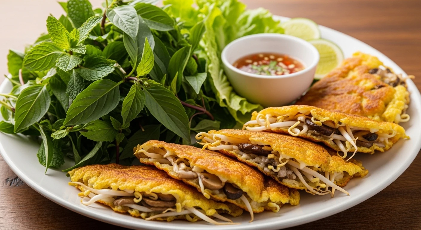 A colorful plate of Vietnamese Banh Xeo Chay served with a generous portion of fresh herbs and a vegan dipping sauce