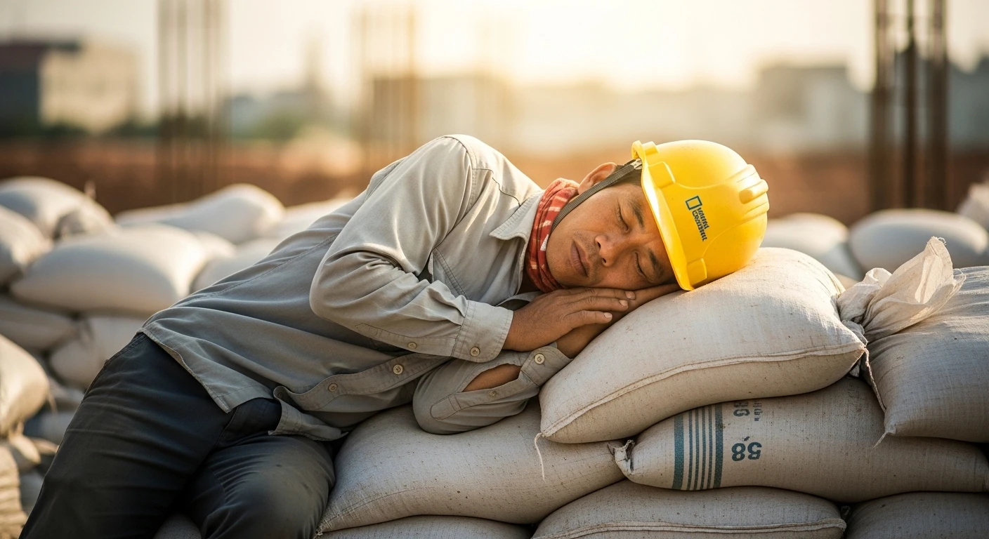 A construction worker napping on a pile of sandbags during midday