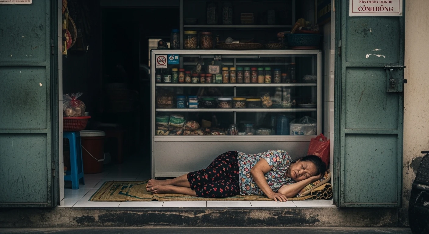 A shopkeeper in Vietnam sleeping on a mat behind their counter