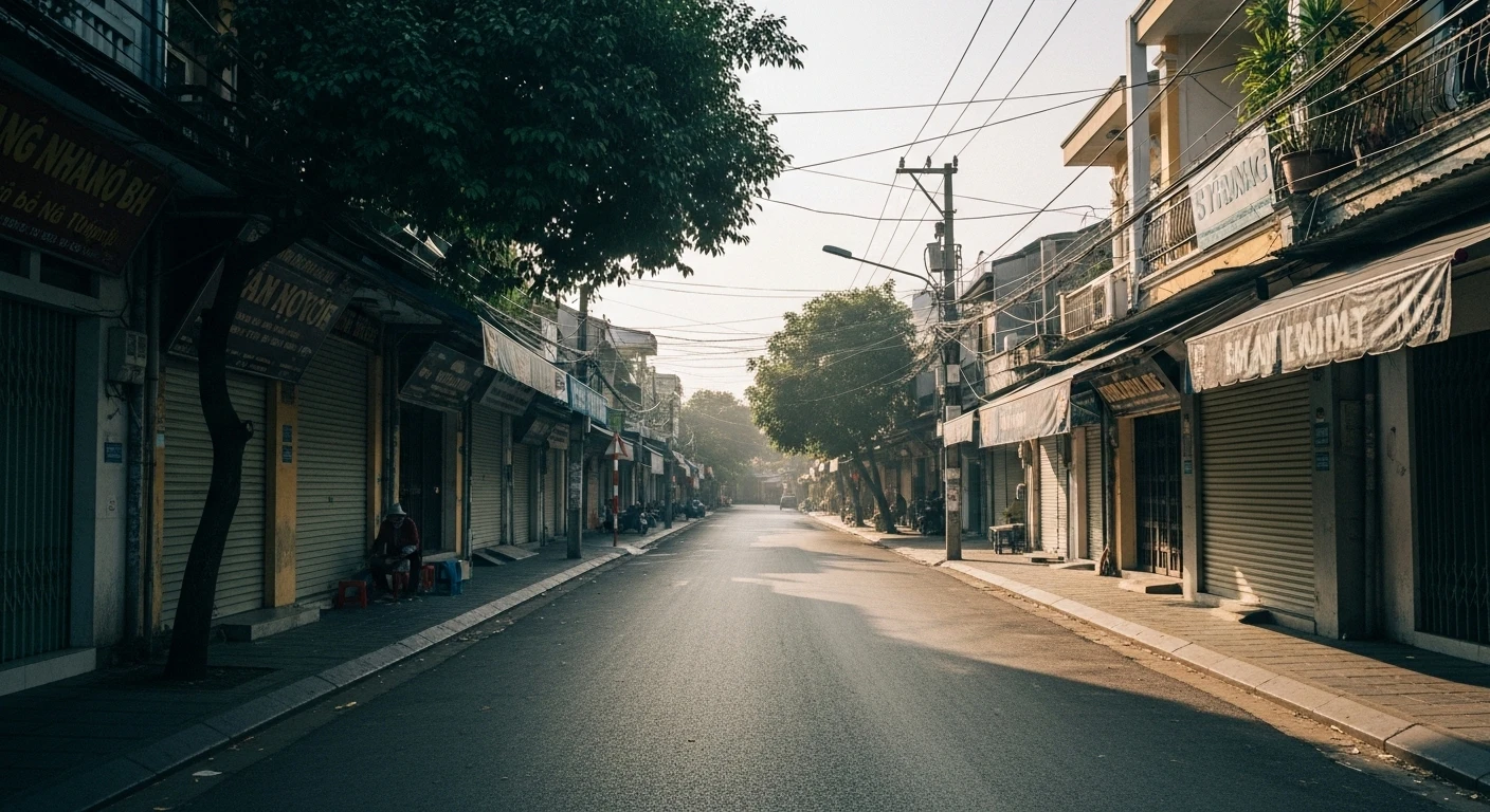 A street scene in Vietnam at midday, with shops closed and few people around
