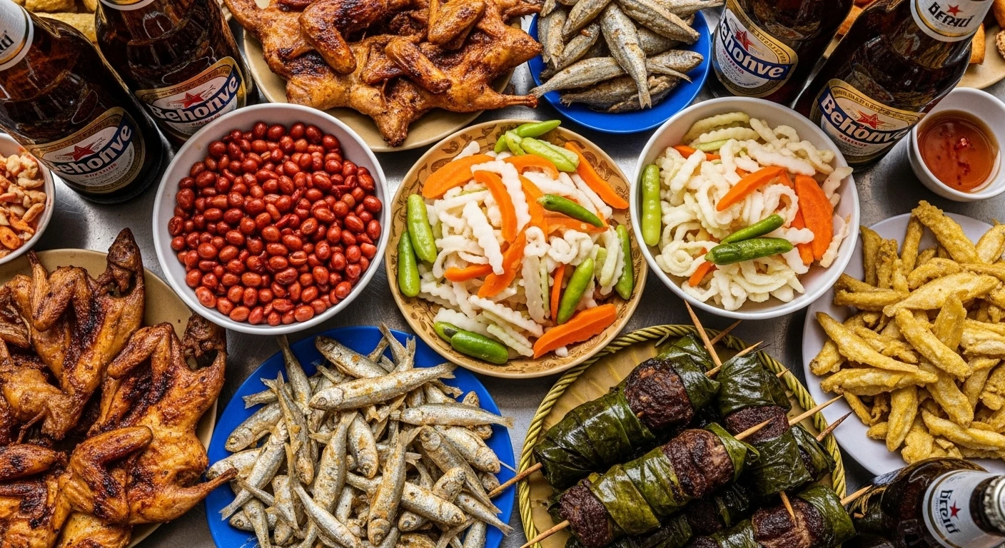 A table laden with various Vietnamese bar snacks like grilled quail, peanuts, pickled vegetables, and small fried fish