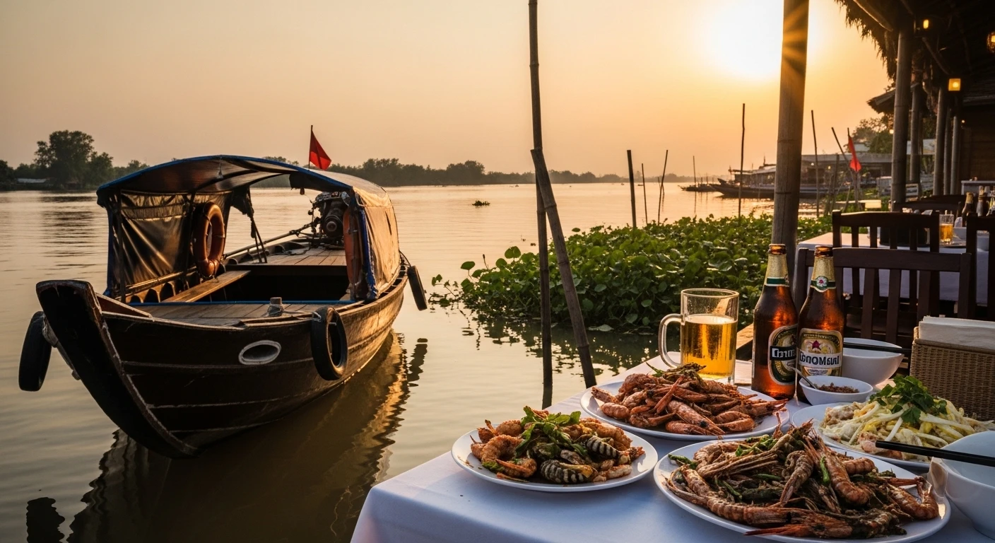 A traditional wooden boat docked by a riverside restaurant in the Mekong Delta, with tables set for dining