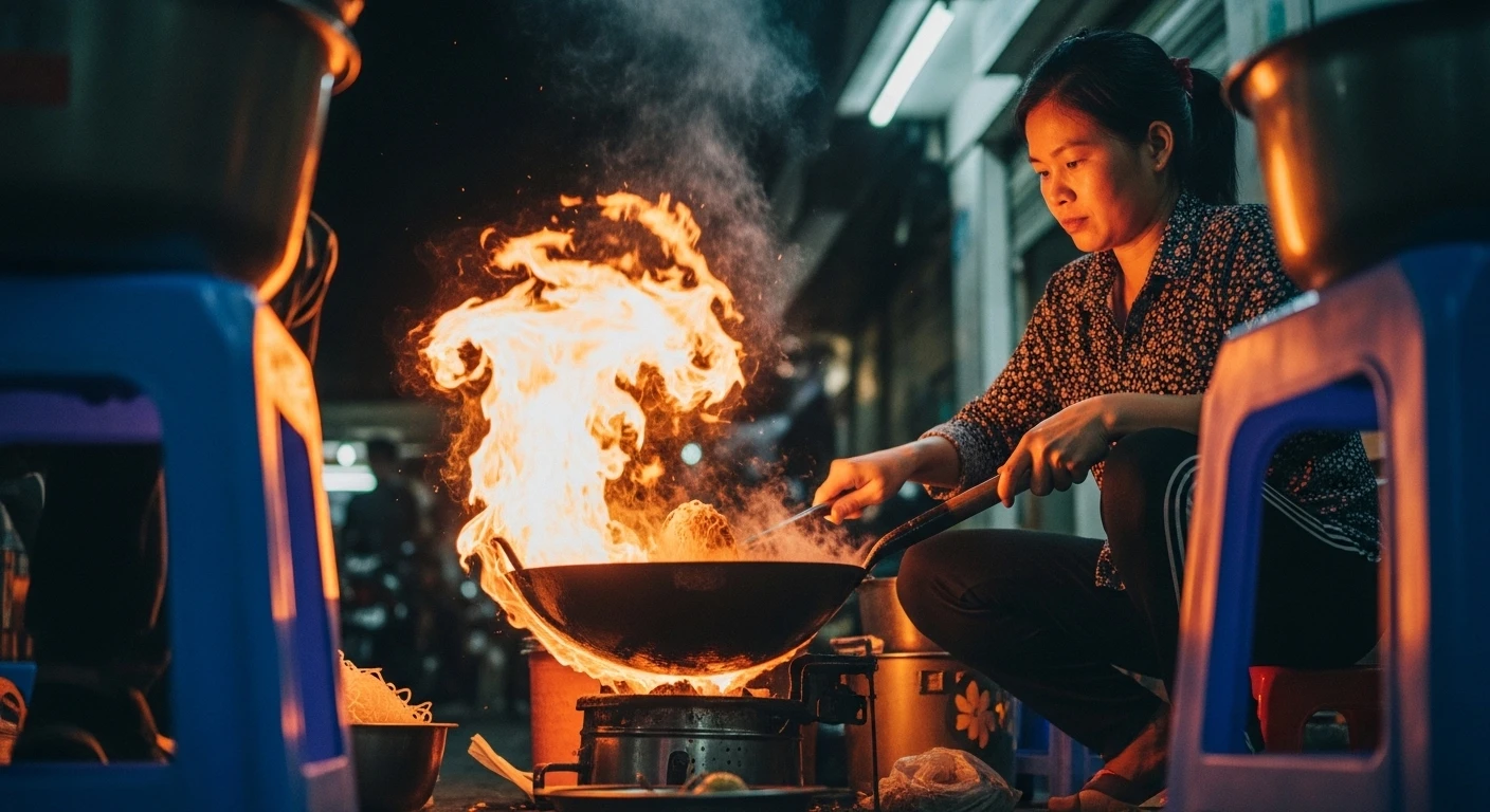 A Vietnamese street food vendor expertly cooking noodles on a wok, viewed from a low angle