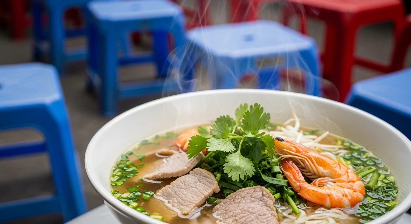A close-up of a bowl of Hủ tiếu served at a Mekong Delta street stall with small plastic stools in the background