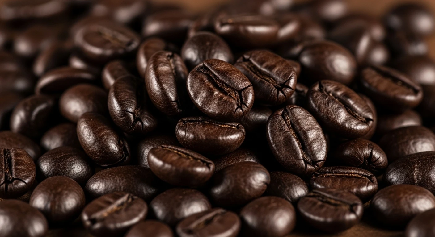 Close-up of dark, oily Vietnamese Robusta coffee beans