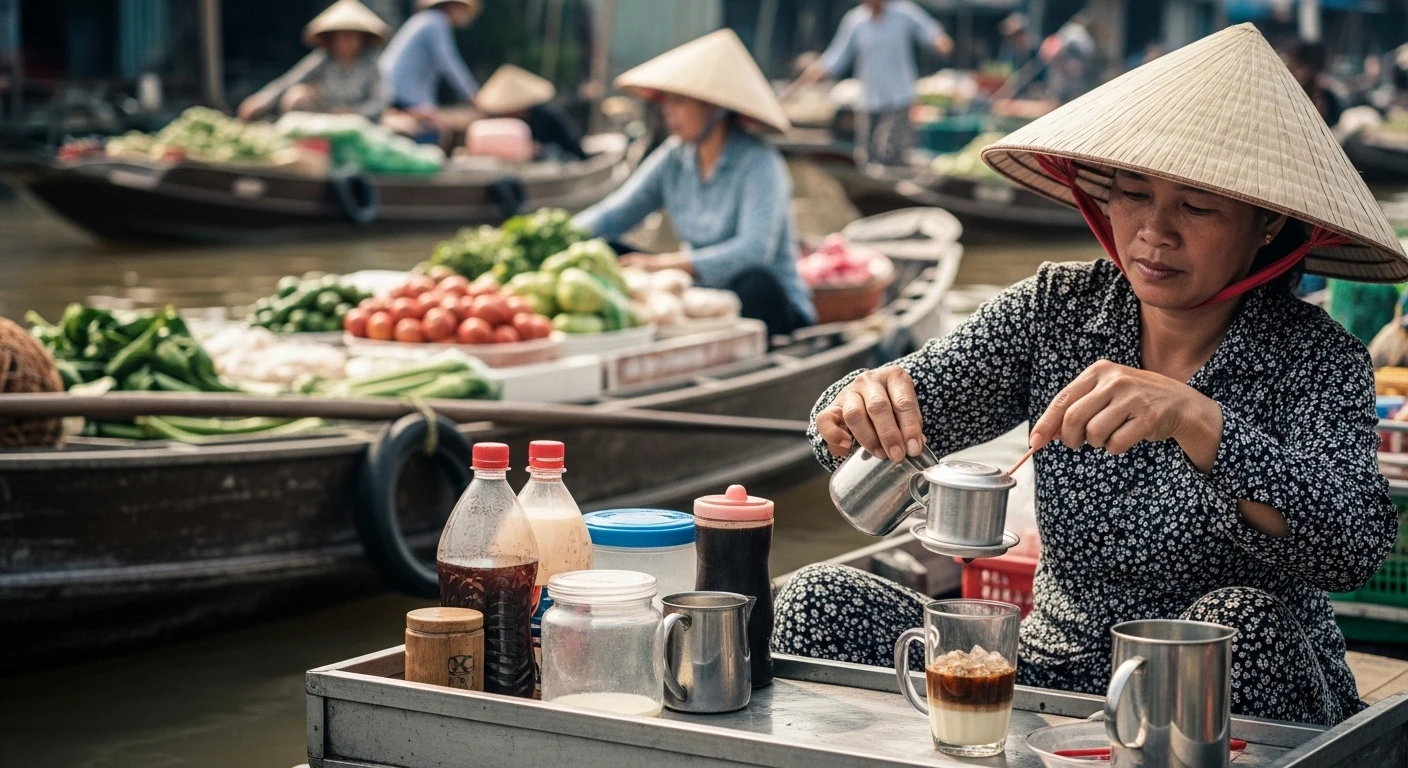 A bustling scene at Cai Rang Floating Market in Can Tho with a vendor serving iced coffee