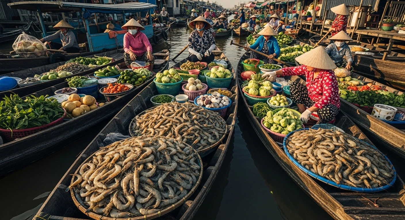 A bustling Mekong Delta floating market with vendors selling fresh shrimp and produce