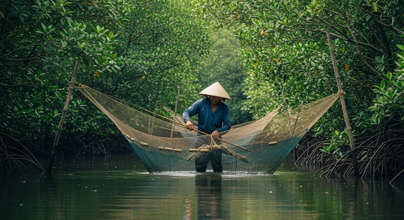 A fisherman tending to shrimp nets in a mangrove forest in the Mekong Delta