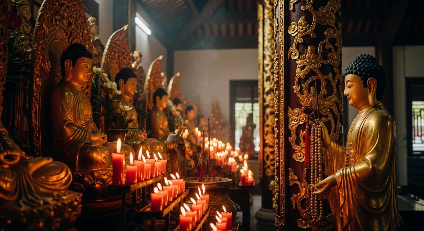 A serene Buddhist temple interior with prayer beads and ornate decorations