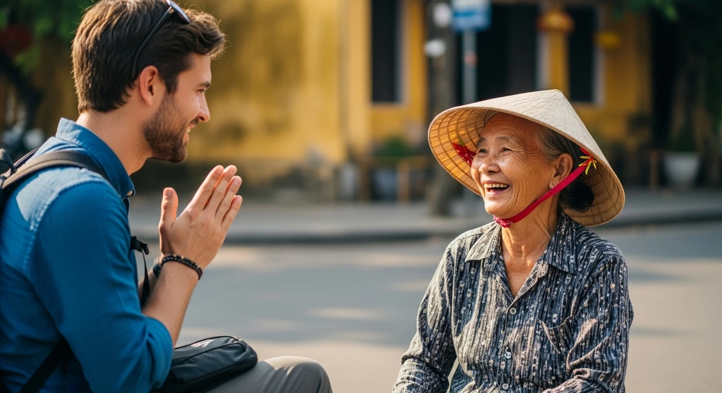 A warm interaction between a tourist and a Vietnamese elder sharing a laugh on a street corner