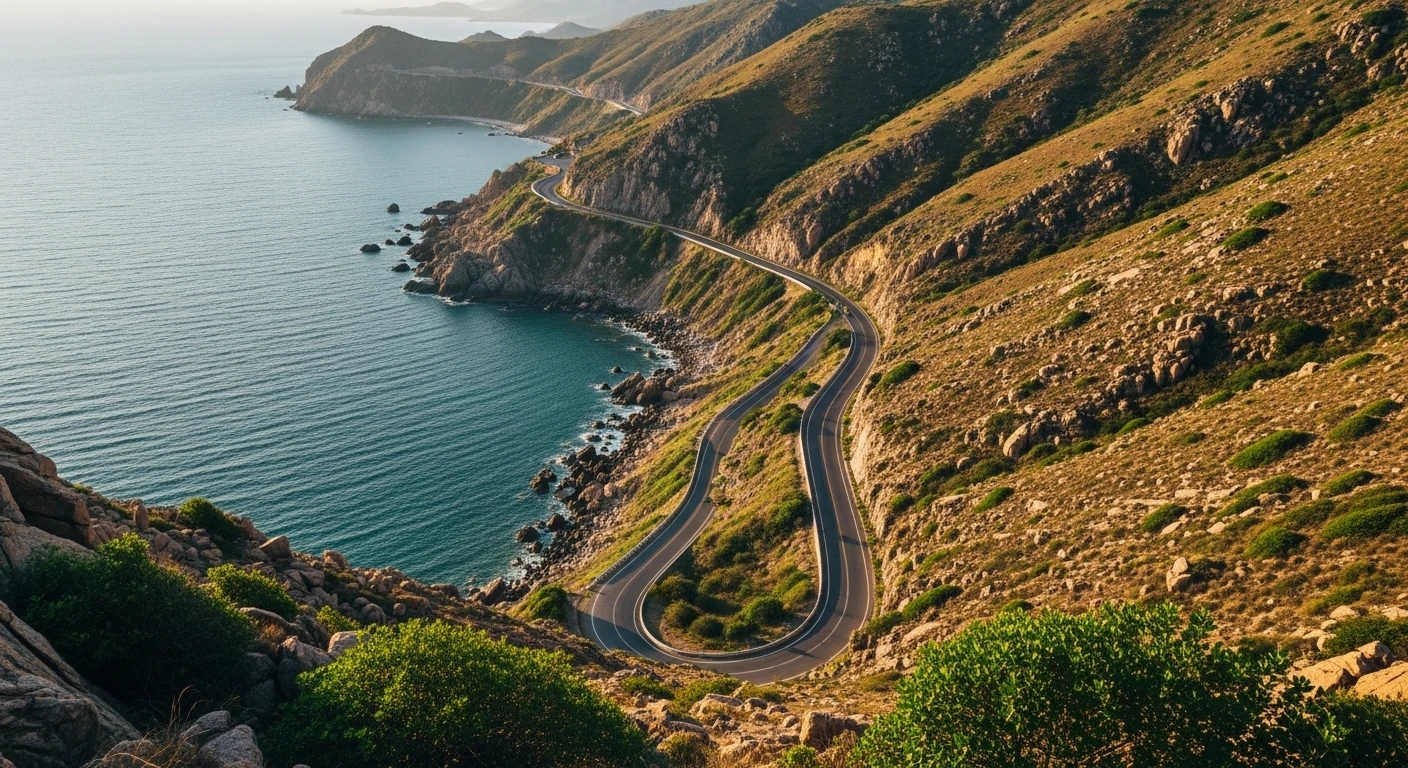 A winding coastal road in Ninh Thuan province with dramatic sea views