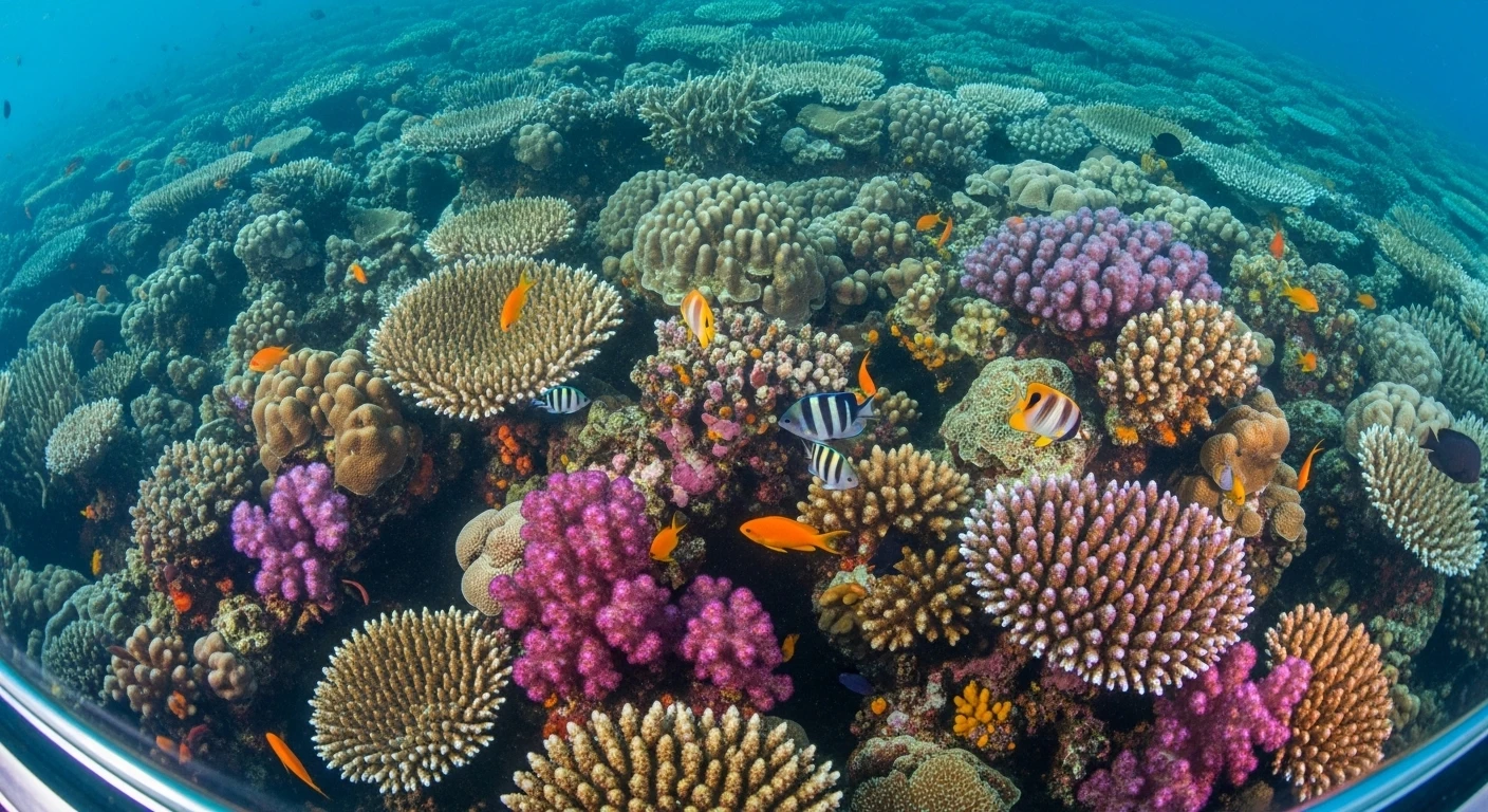 Close-up of colorful coral and tropical fish visible through the glass bottom of a boat in Vinh Hy Bay