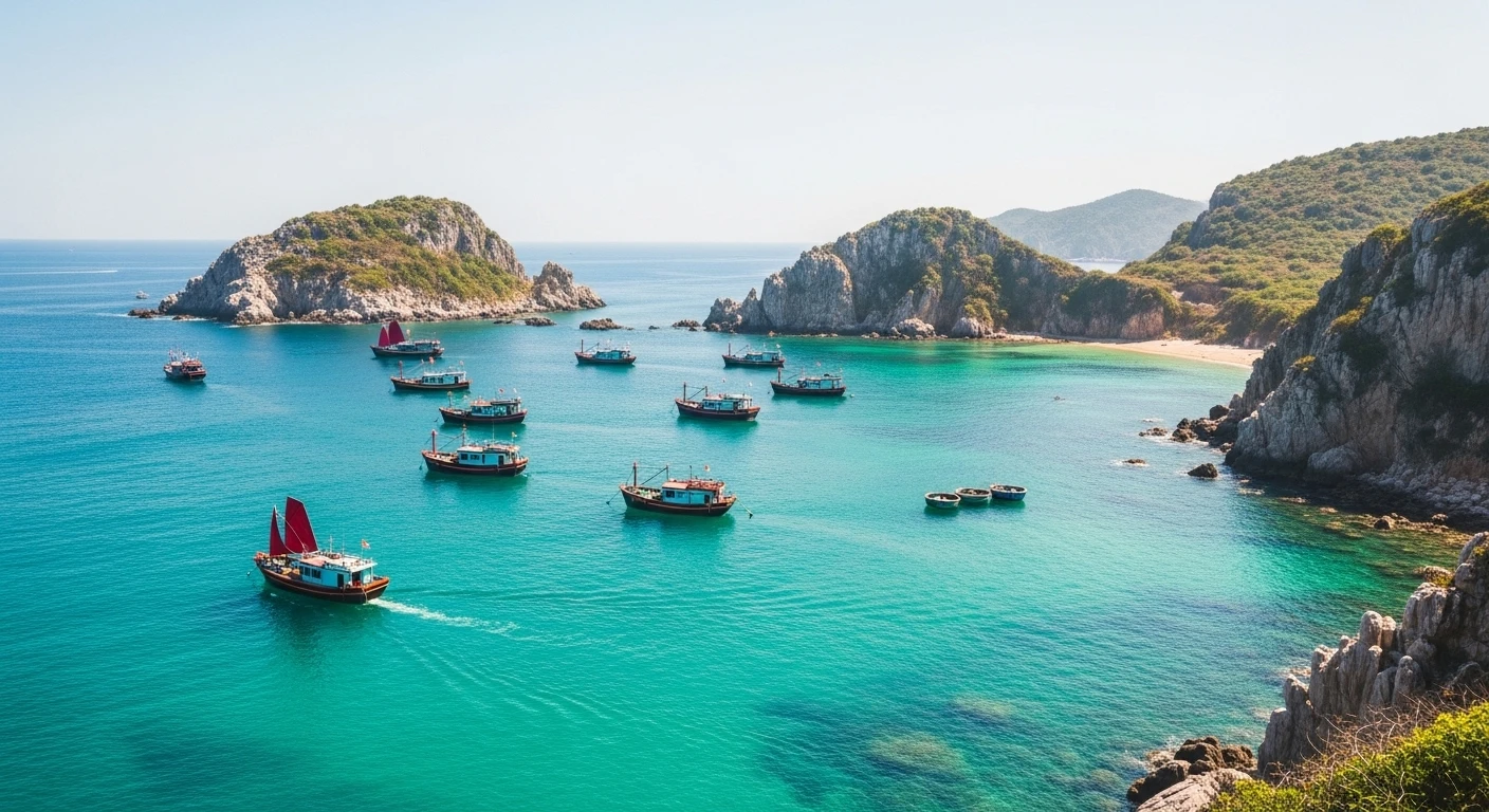 Panoramic view of Vinh Hy Bay with turquoise water and traditional fishing boats