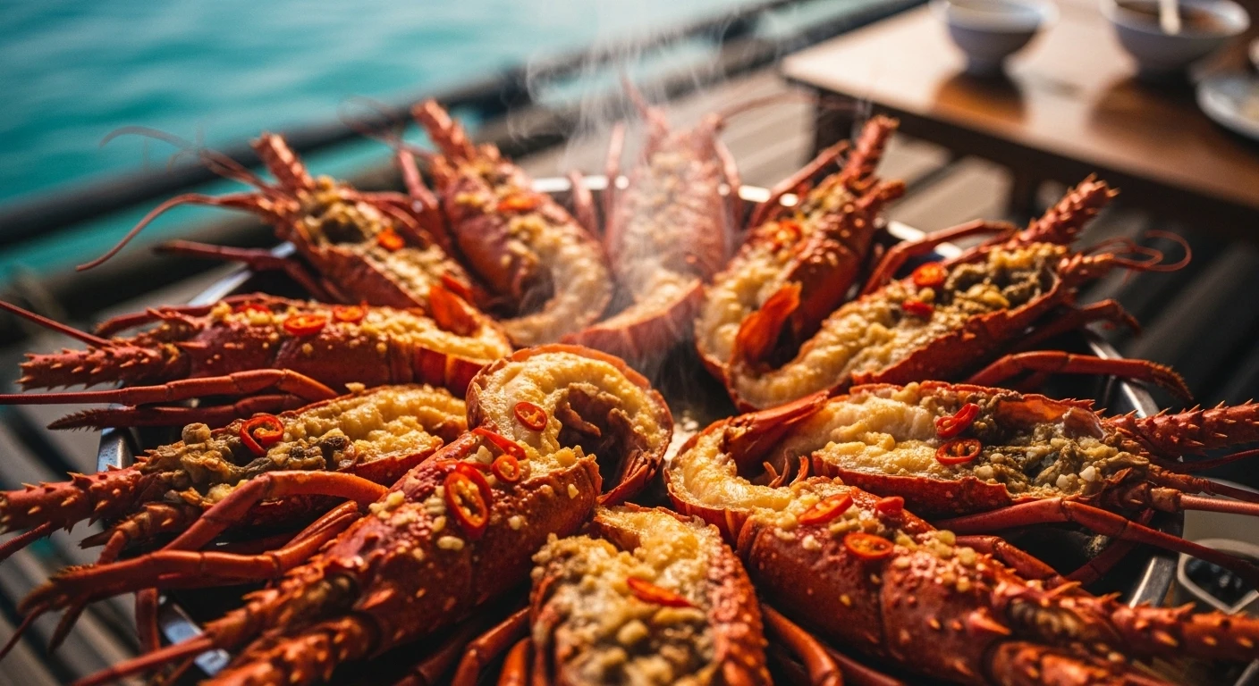 A steaming platter of grilled lobster with garlic butter on a table at a floating restaurant in Vinh Hy Bay