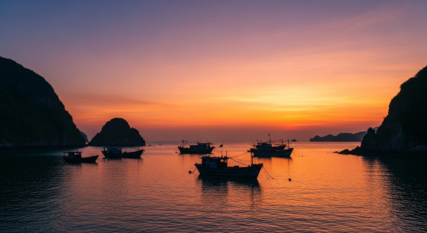 A serene sunset over Vinh Hy Bay with silhouetted fishing boats