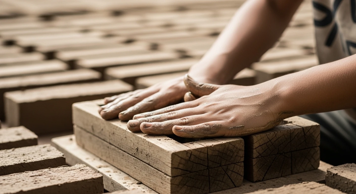 Close-up of hands expertly shaping clay into bricks
