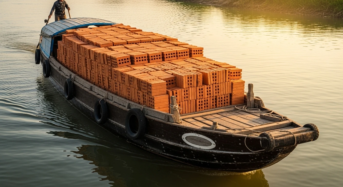 A traditional wooden barge loaded with red bricks sailing down the Co Chien River
