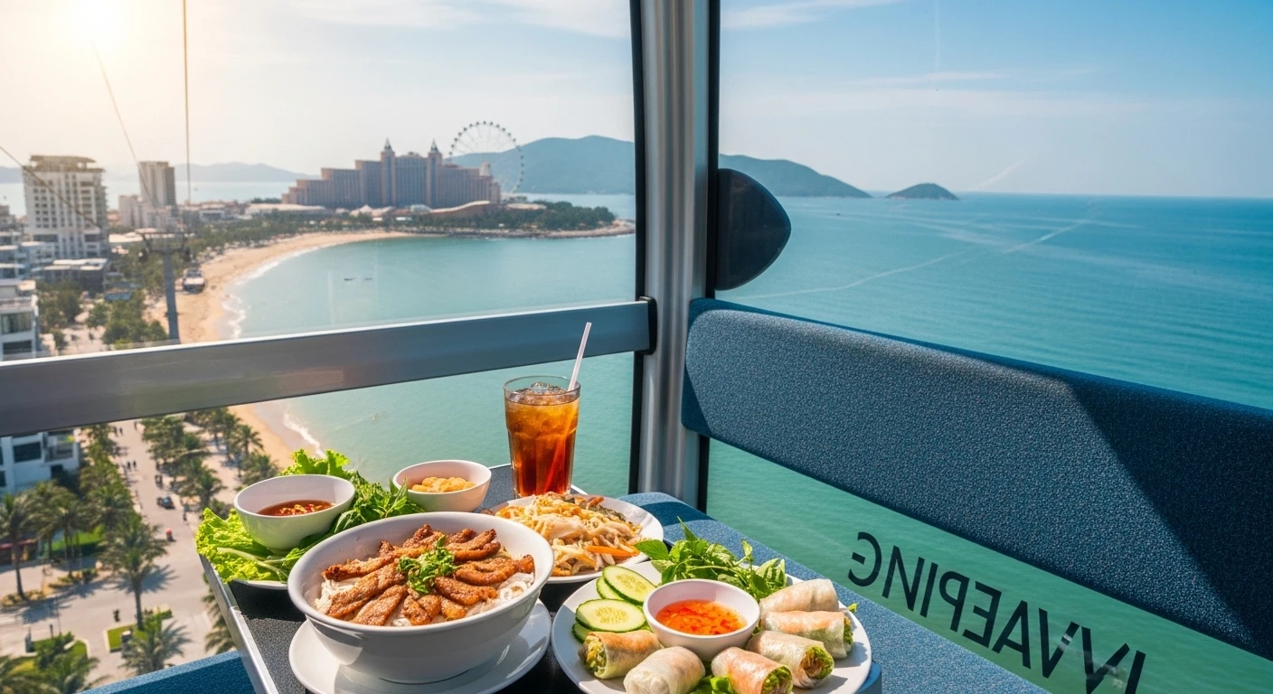 View from the Vinpearl cable car showing the Nha Trang coastline and the island resort in the distance