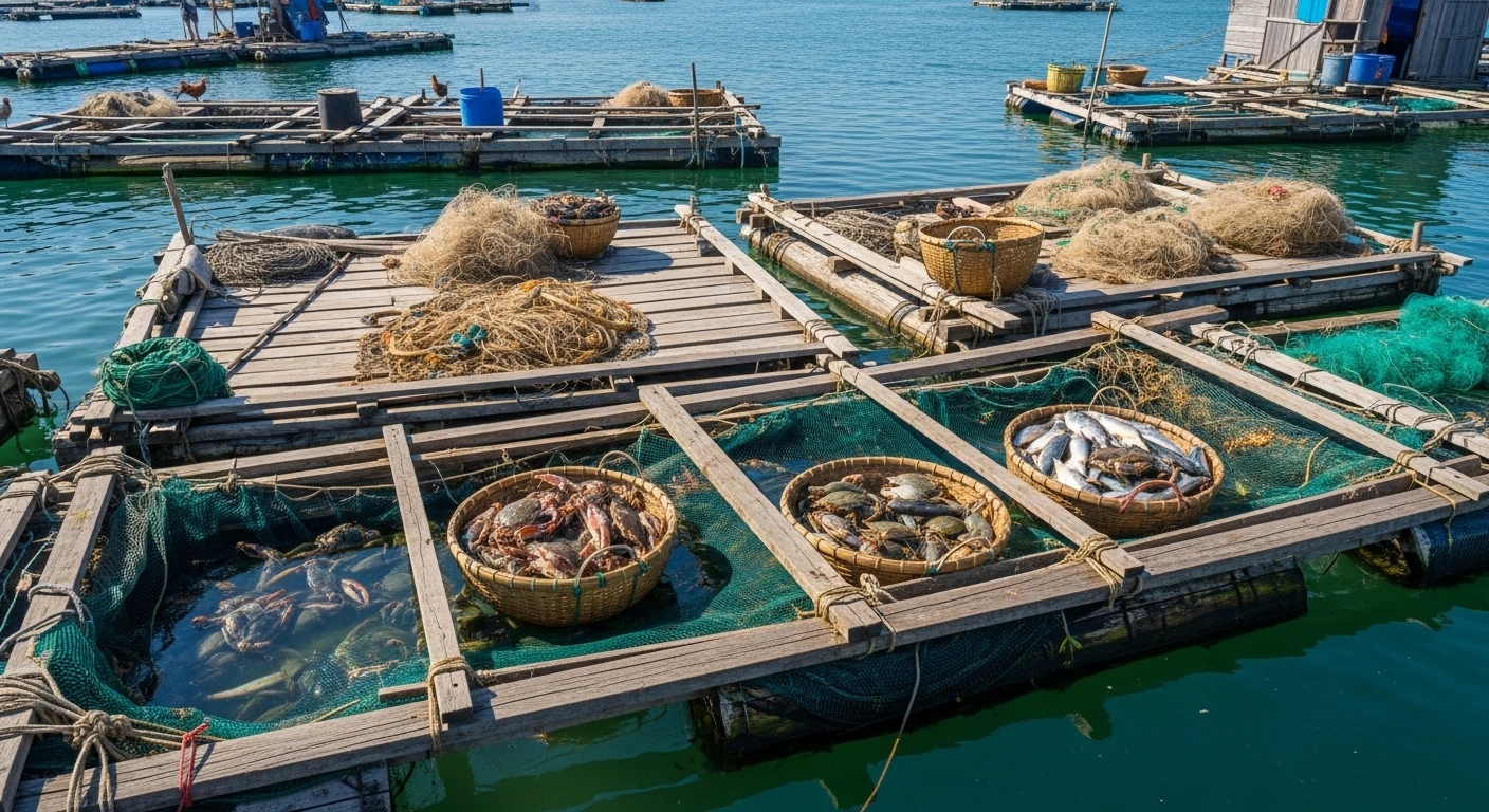 A close-up of a wooden floating seafood raft in Vung Ro Bay, with live crabs and fish in baskets.