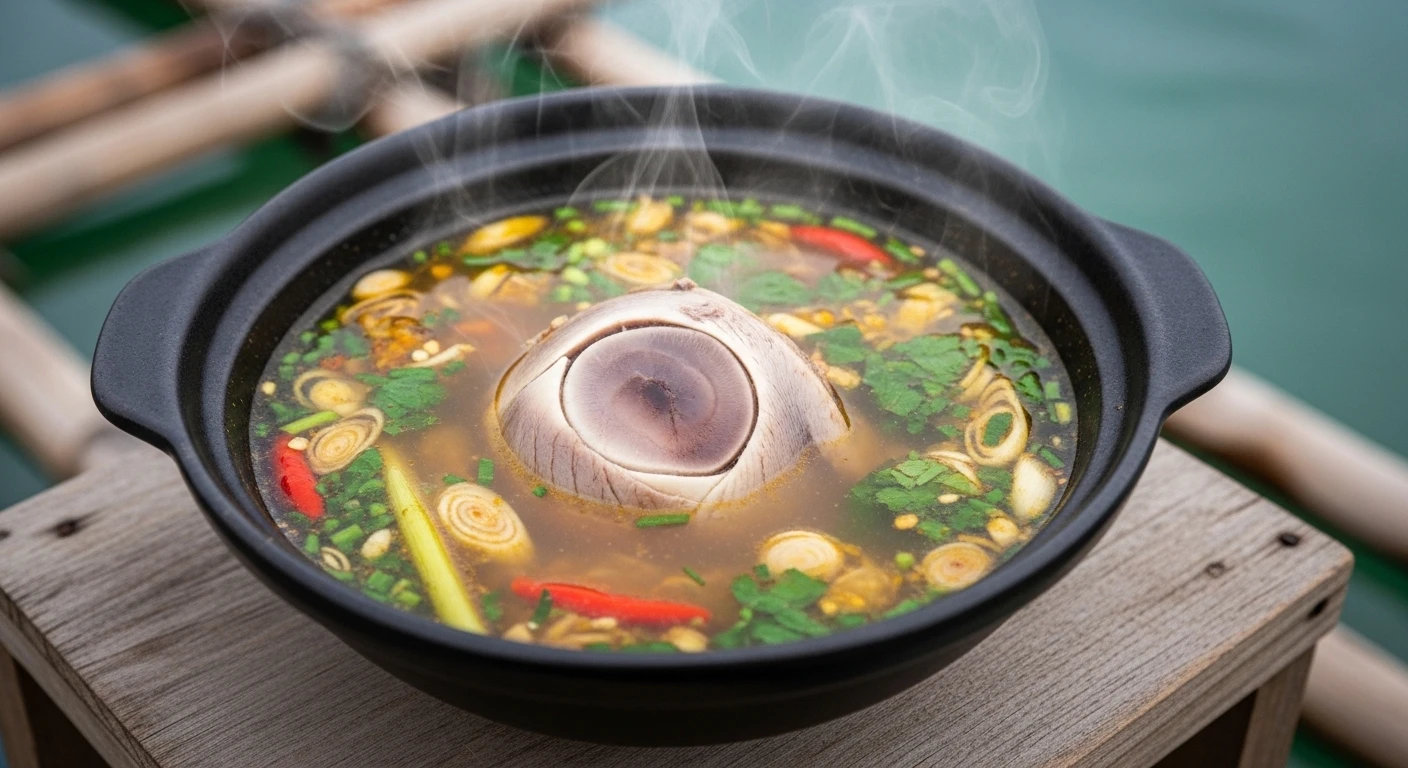 A steaming bowl of Tuna Eye soup, with a visible tuna eye and aromatic broth.