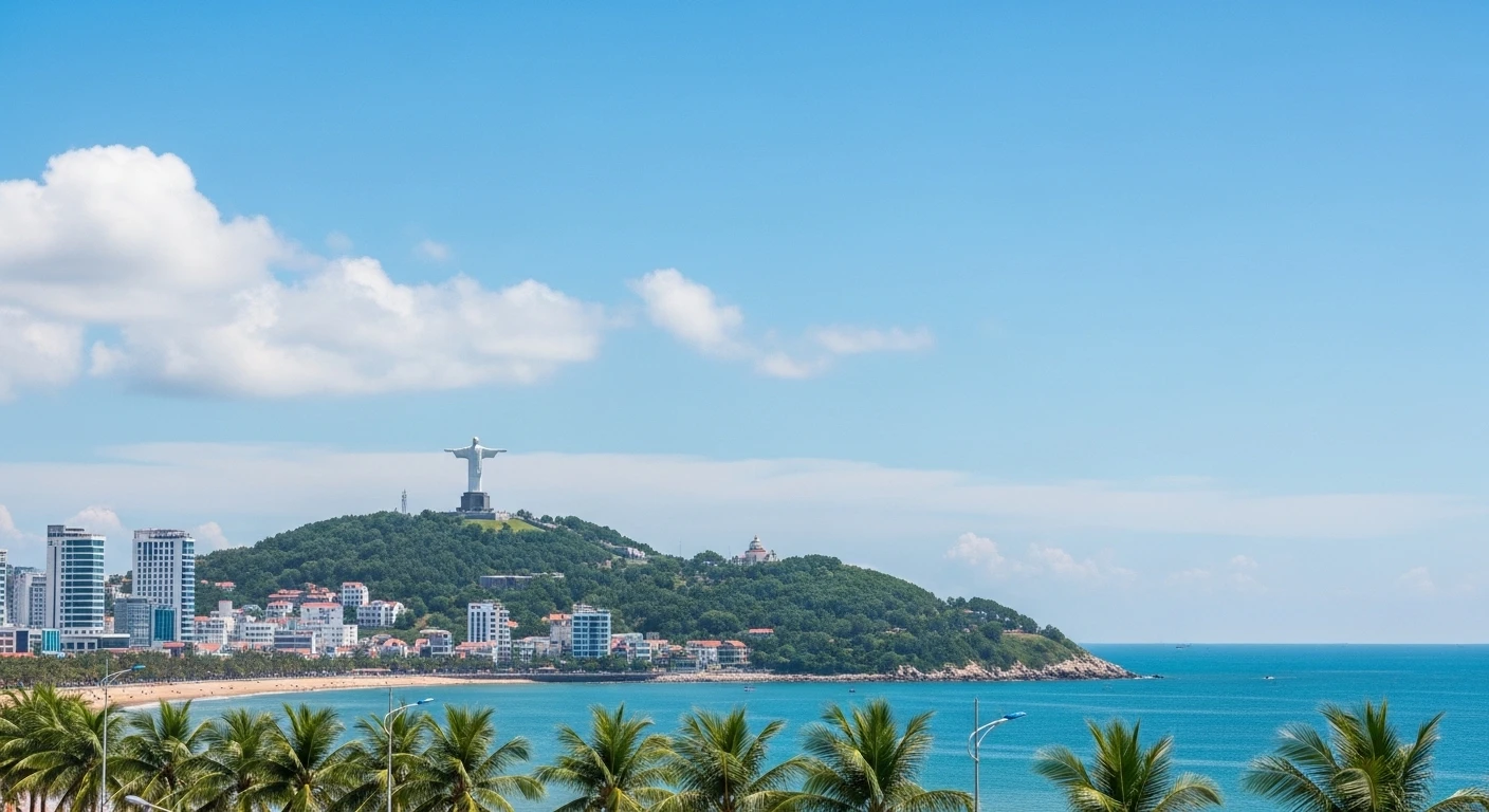 Panoramic view of Vung Tau city from a hilltop, showing Front Beach and the coastline.