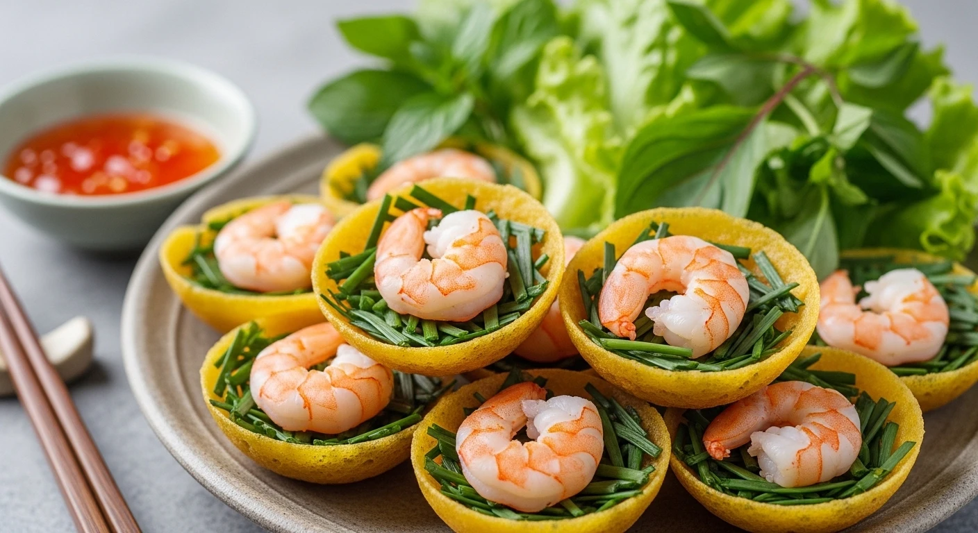 A close-up of freshly cooked Banh Khot, showcasing the crispy texture and topped with shrimp and herbs.