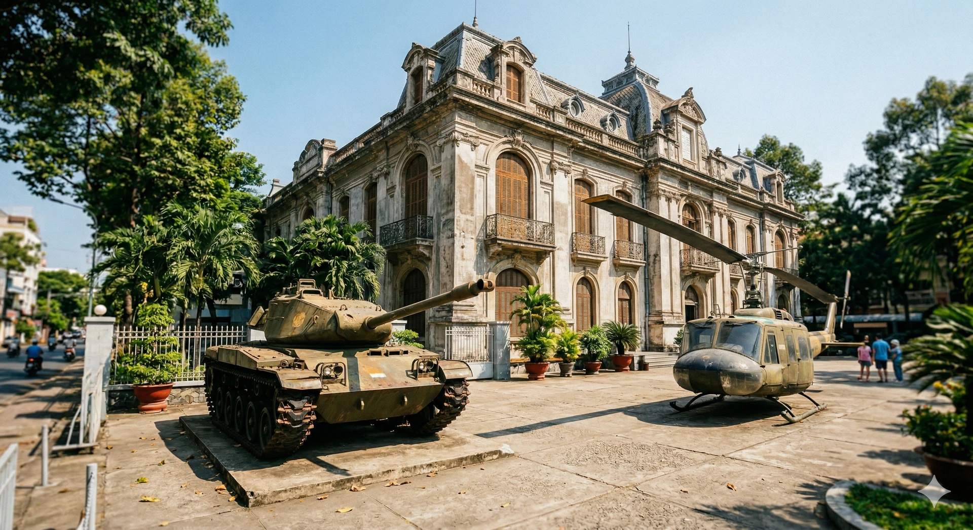 Exterior view of the War Remnants Museum in Ho Chi Minh City, Vietnam, with military artifacts displayed