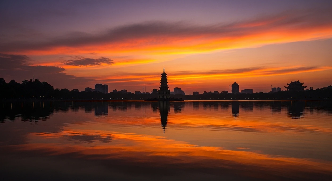 A stunning sunset over West Lake in Hanoi, with reflections in the water and silhouetted pagodas