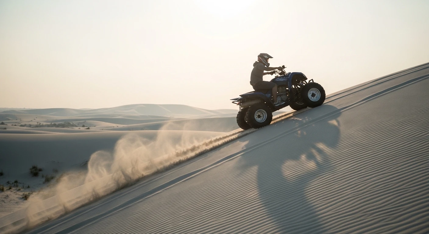 A tourist riding an ATV up a steep white sand dune in Mui Ne at sunrise.