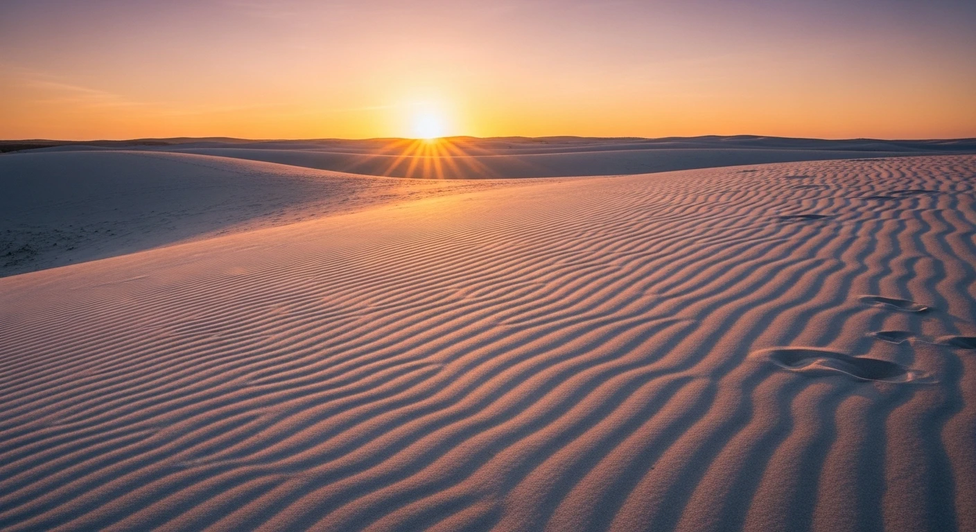 The sun rising over the Mui Ne sand dunes, casting long shadows and illuminating the sand.