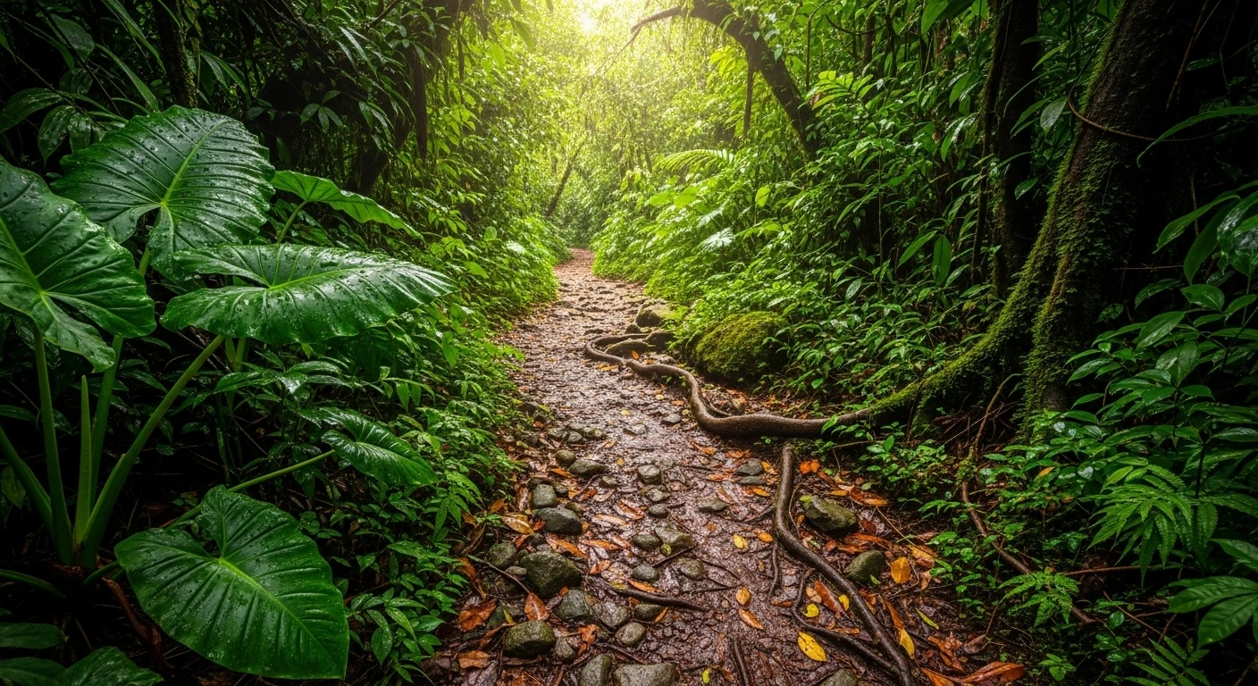 A winding jungle path leading through dense green foliage towards the sound of a waterfall.