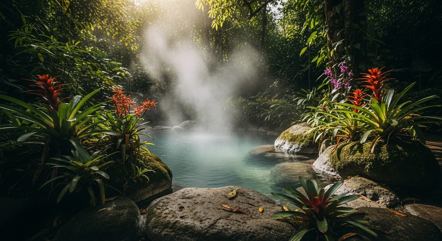 A natural mineral hot spring pool steaming gently amidst lush green jungle foliage, with a few people relaxing in the warm water.
