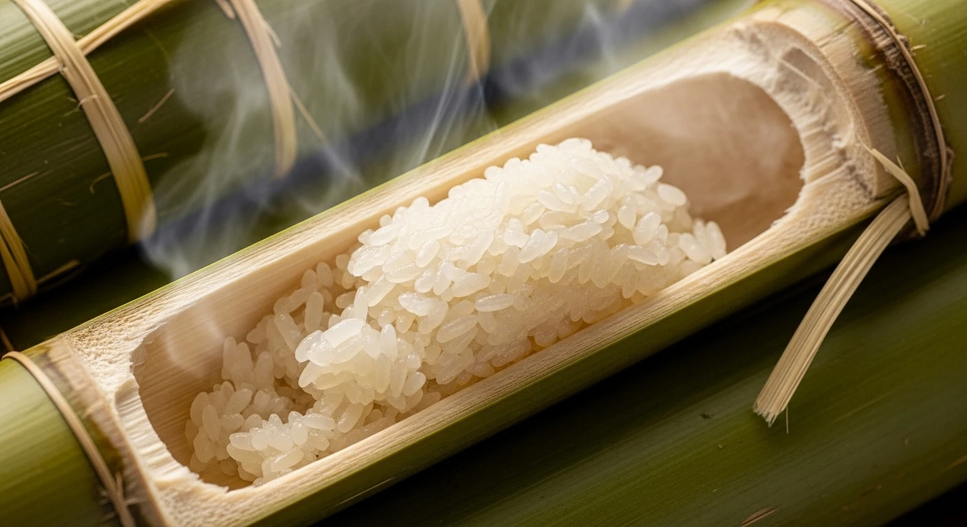 Close-up of freshly cooked bamboo tube rice (cơm lam) being opened, revealing steaming sticky rice inside.